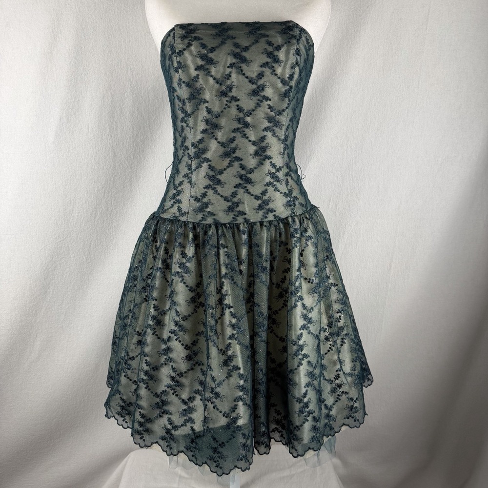 VTG Jessica McClintock Sz 6 Prom Party Mini Dress Green Lace‎ Strapless 80s 90s